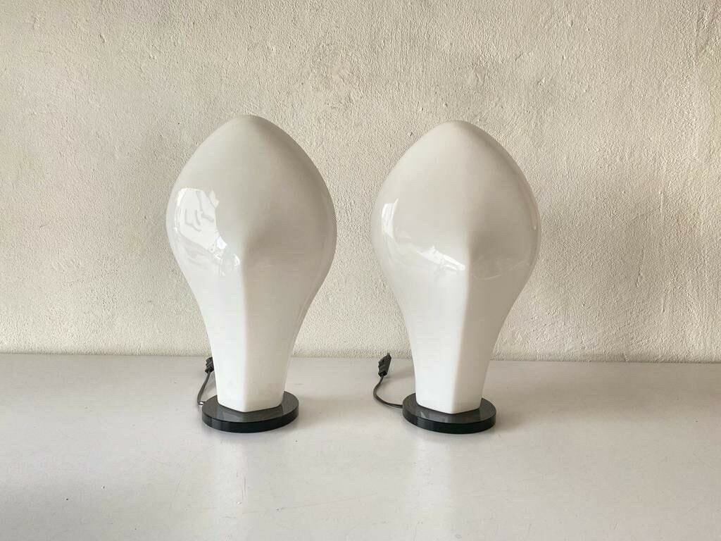Italian Flower Design White Plexiglass Wonderful Pair Of Table Lamps, 1970s, Italy photo for sale