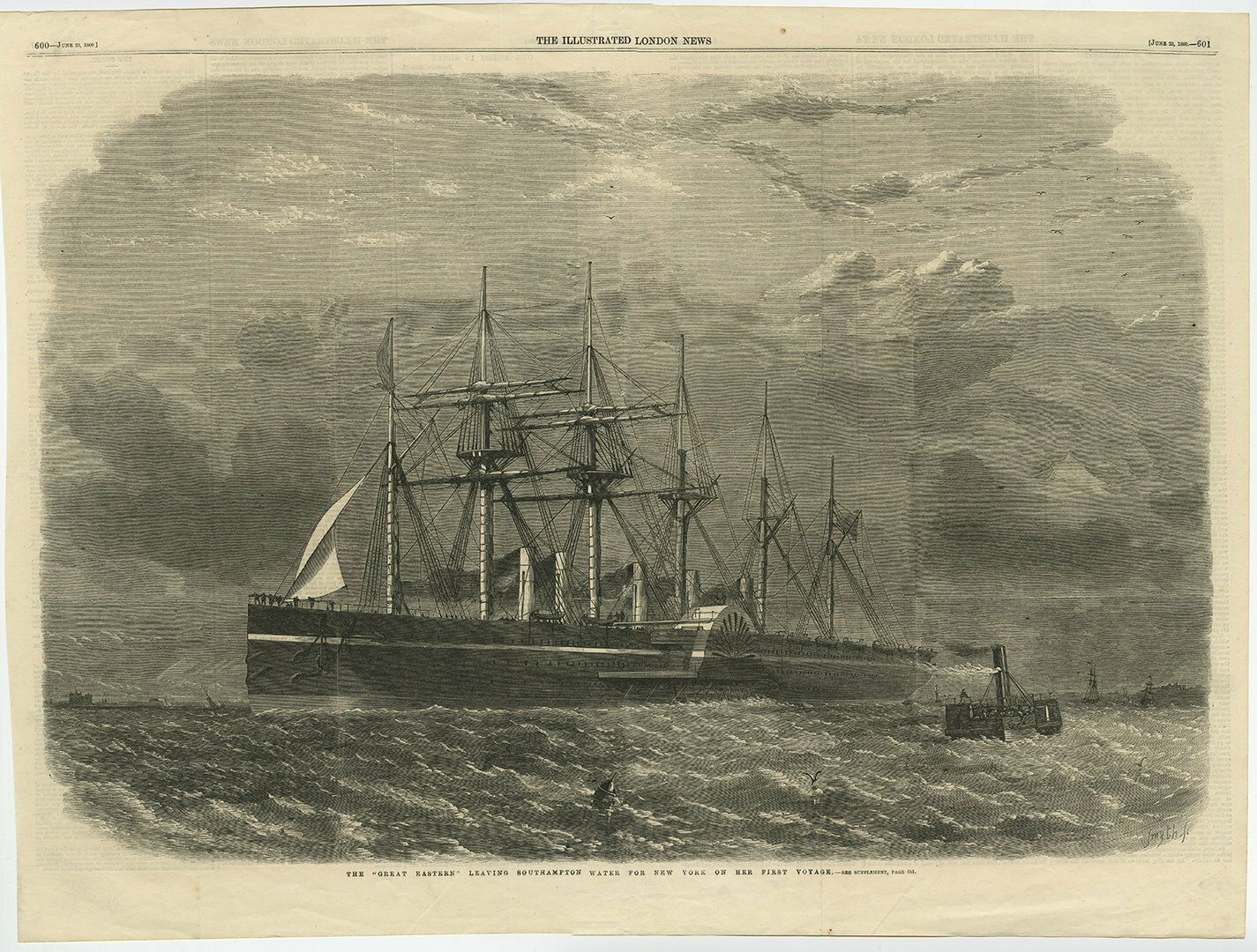 Antique Print Of The 'Great Eastern' Leaving Southampton Water For New York