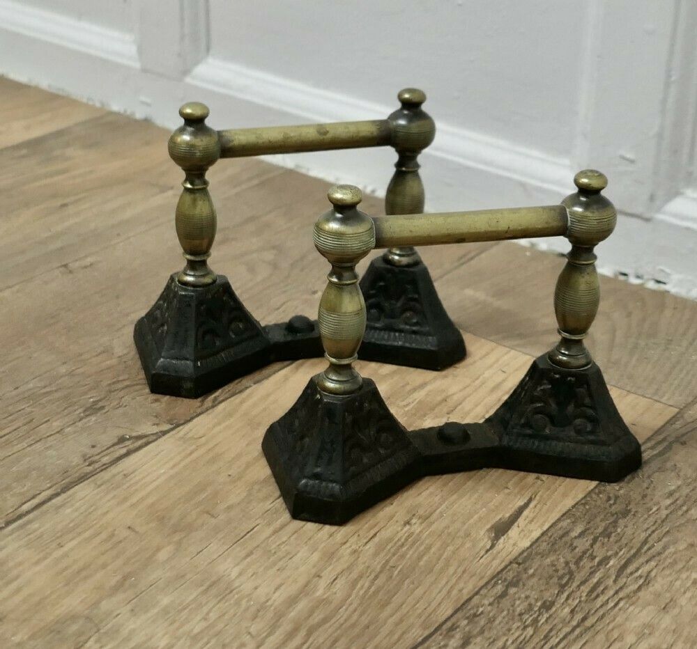 A Sturdy Pair Of Victorian Brass And Iron Andirons Or Fire Dogs photo for sale