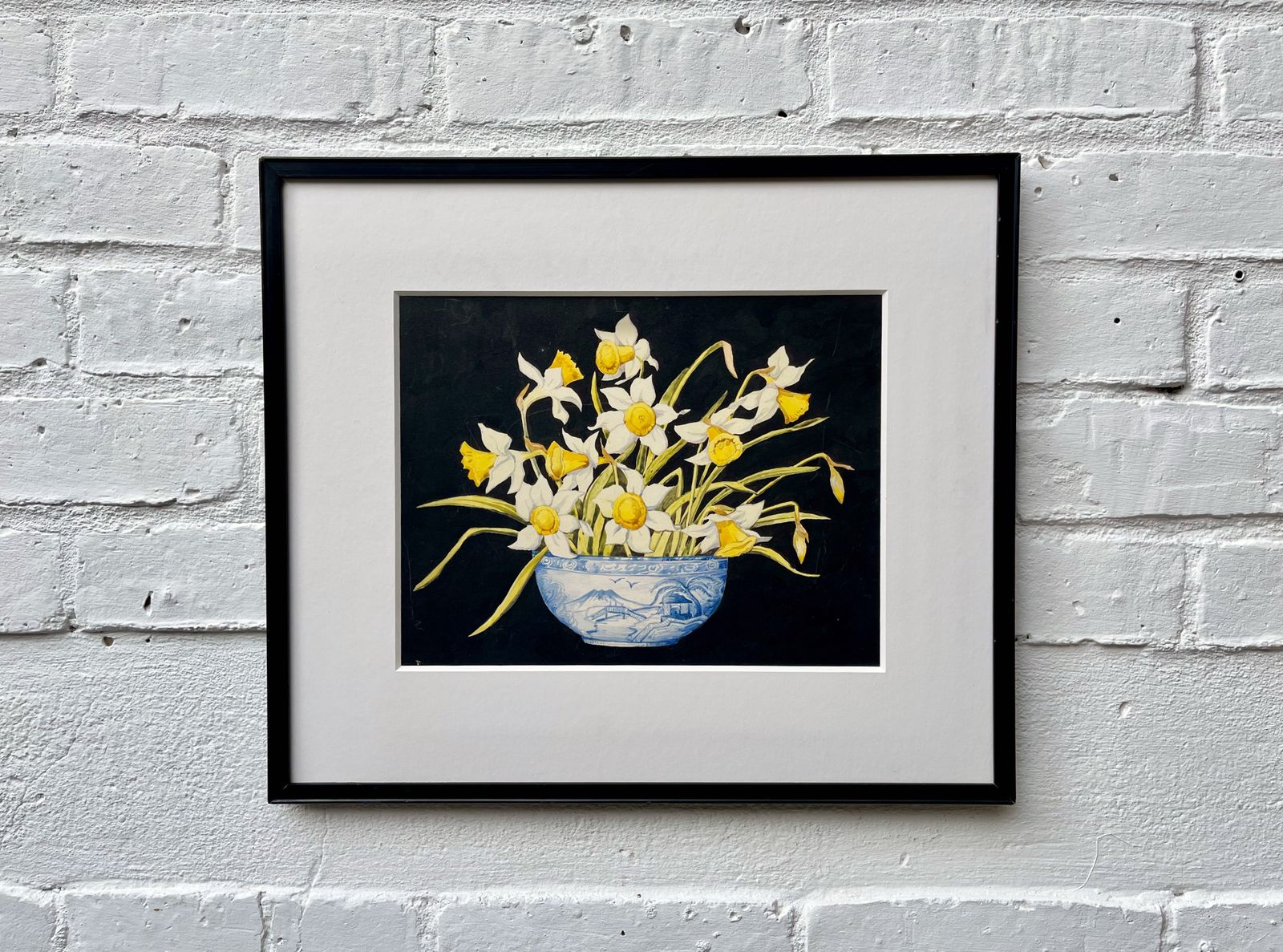 Spring Still Life Watercolour Painting Of Daffodils With Black Frame