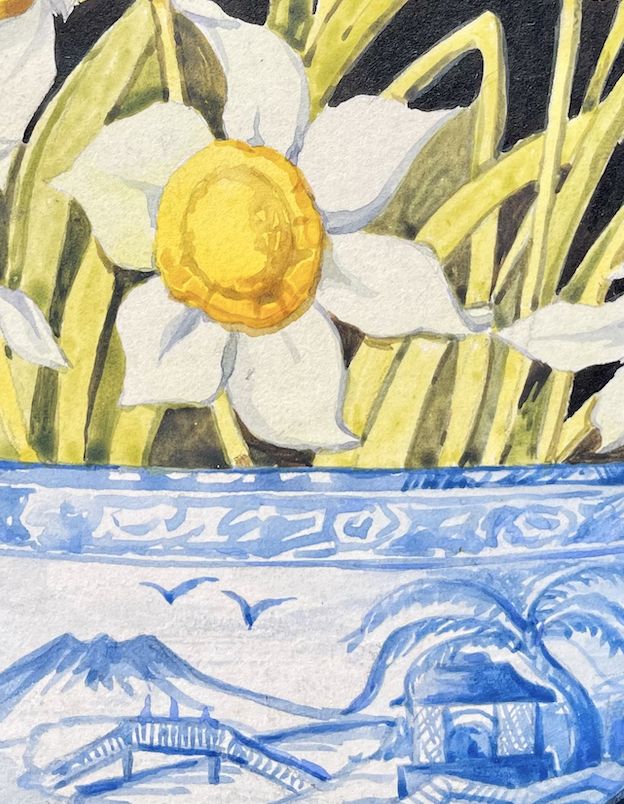Spring Still Life Watercolour Painting Of Daffodils With Black Frame photo for sale