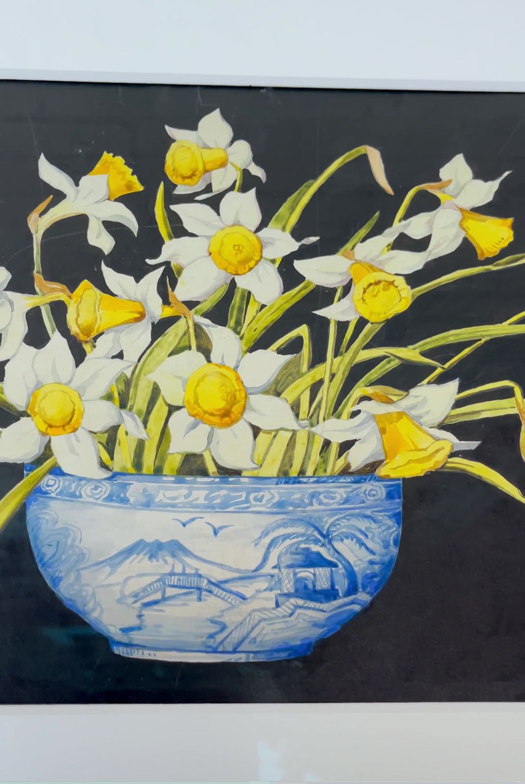 Spring Still Life Watercolour Painting Of Daffodils With Black Frame photo vinterior