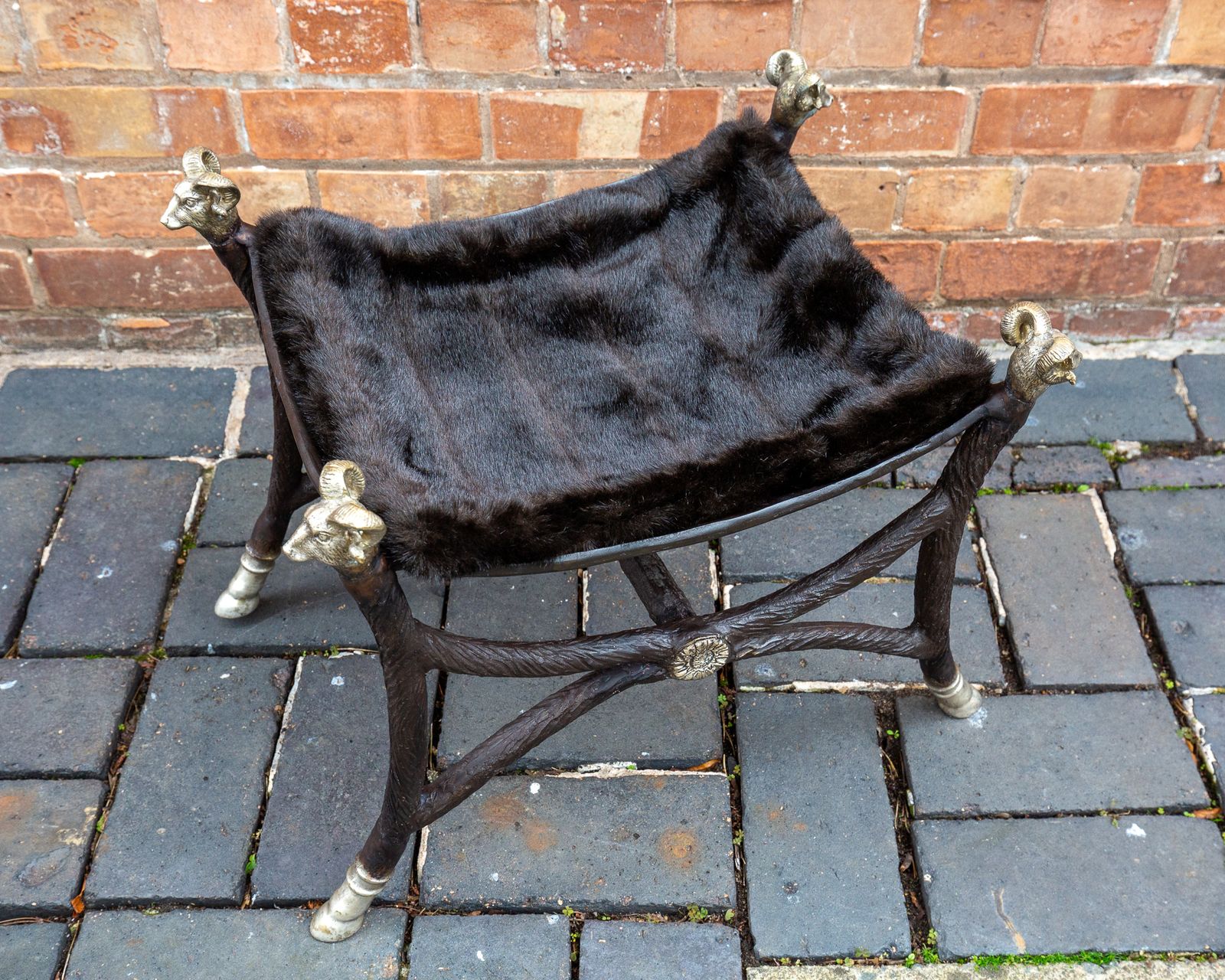 Hollywood Regency Bronze Footstool Ottoman Rams Head Rams Hooves Pouf Maison Jansen Style Country House Classical Curule Savonarola photo furniture
