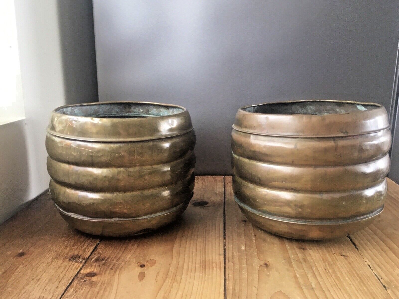 Pair Of Antique Art Deco Brass Stepped Beehive Flower Planters Plant Pot Vintage photo vinterior