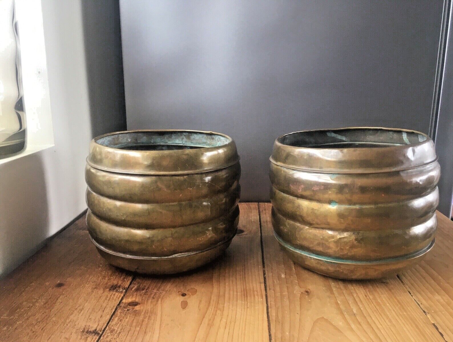 photo for sale Pair Of Antique Art Deco Brass Stepped Beehive Flower Planters Plant Pot Vintage