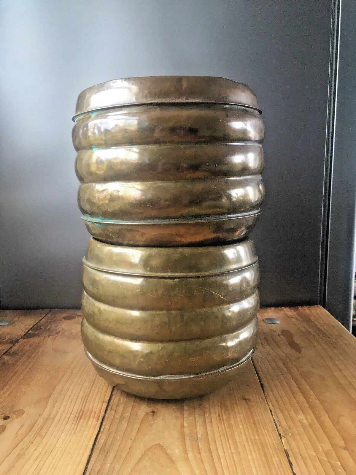 Home Decor Pair Of Antique Art Deco Brass Stepped Beehive Flower Planters Plant Pot Vintage photo