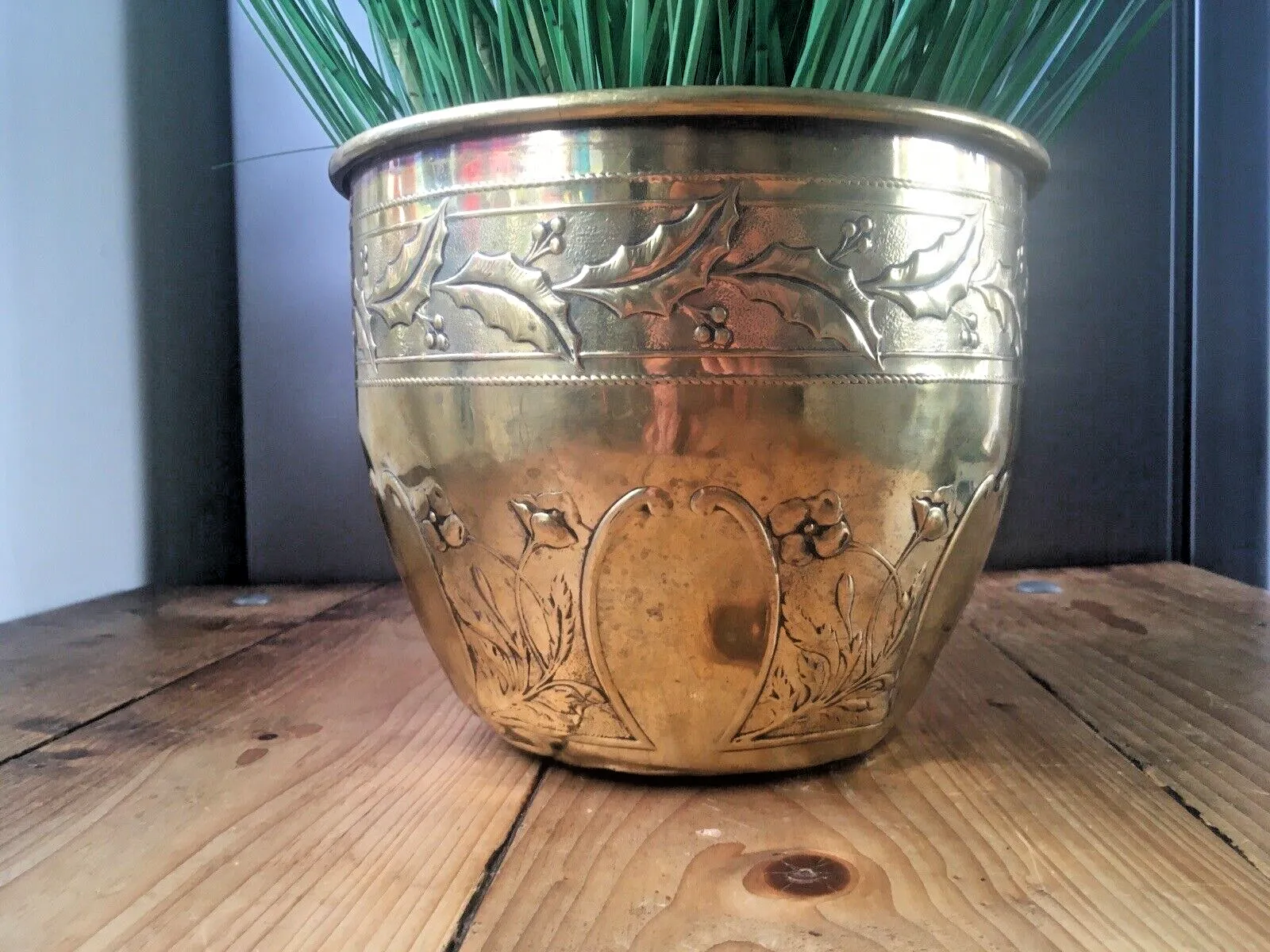 Antique Floral Aesthetic Movement Leaf Berry Floral Brass Planter Plant Tree Pot
