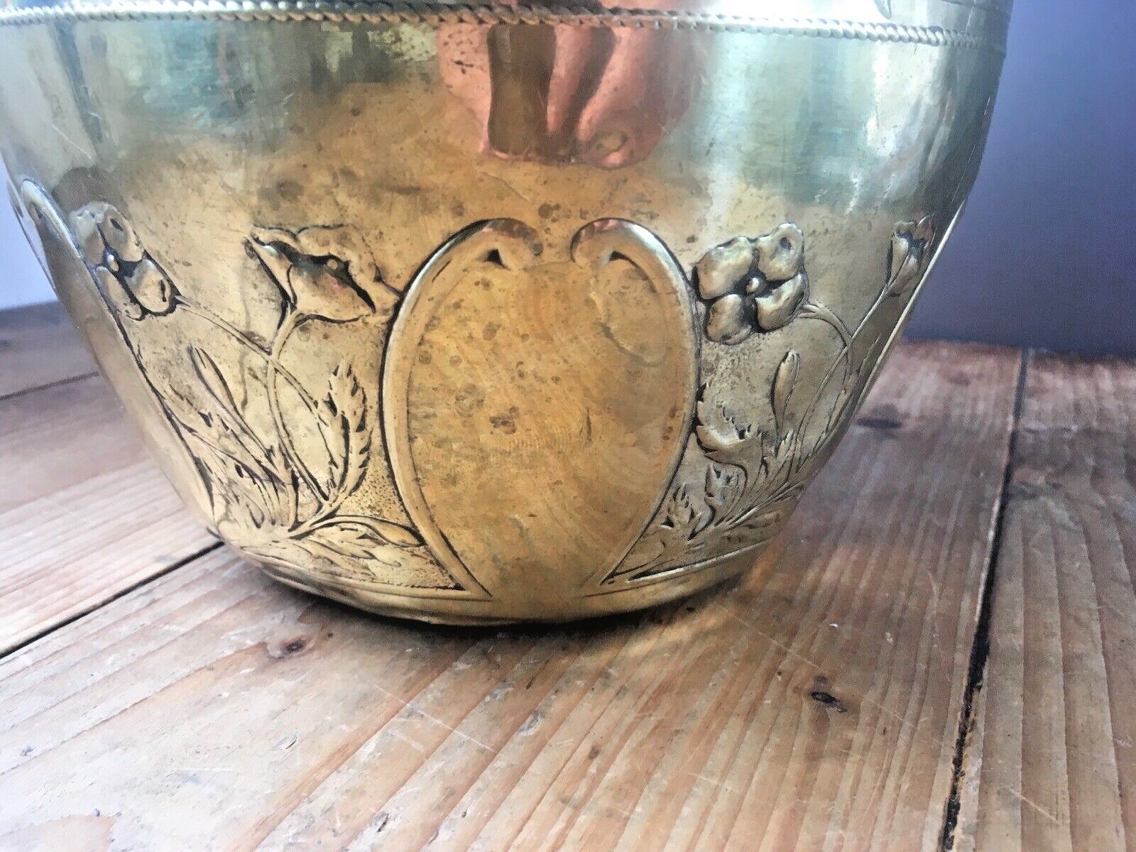 110.0 Antique Floral Aesthetic Movement Leaf Berry Floral Brass Planter Plant Tree Pot photo