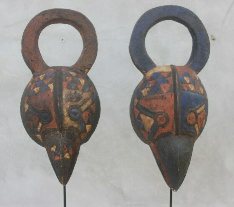 A Pair African Masks Mossi Birds, Two Tribal Masks From Exotic Wood Burkina Faso, Early 20th Century photo furniture