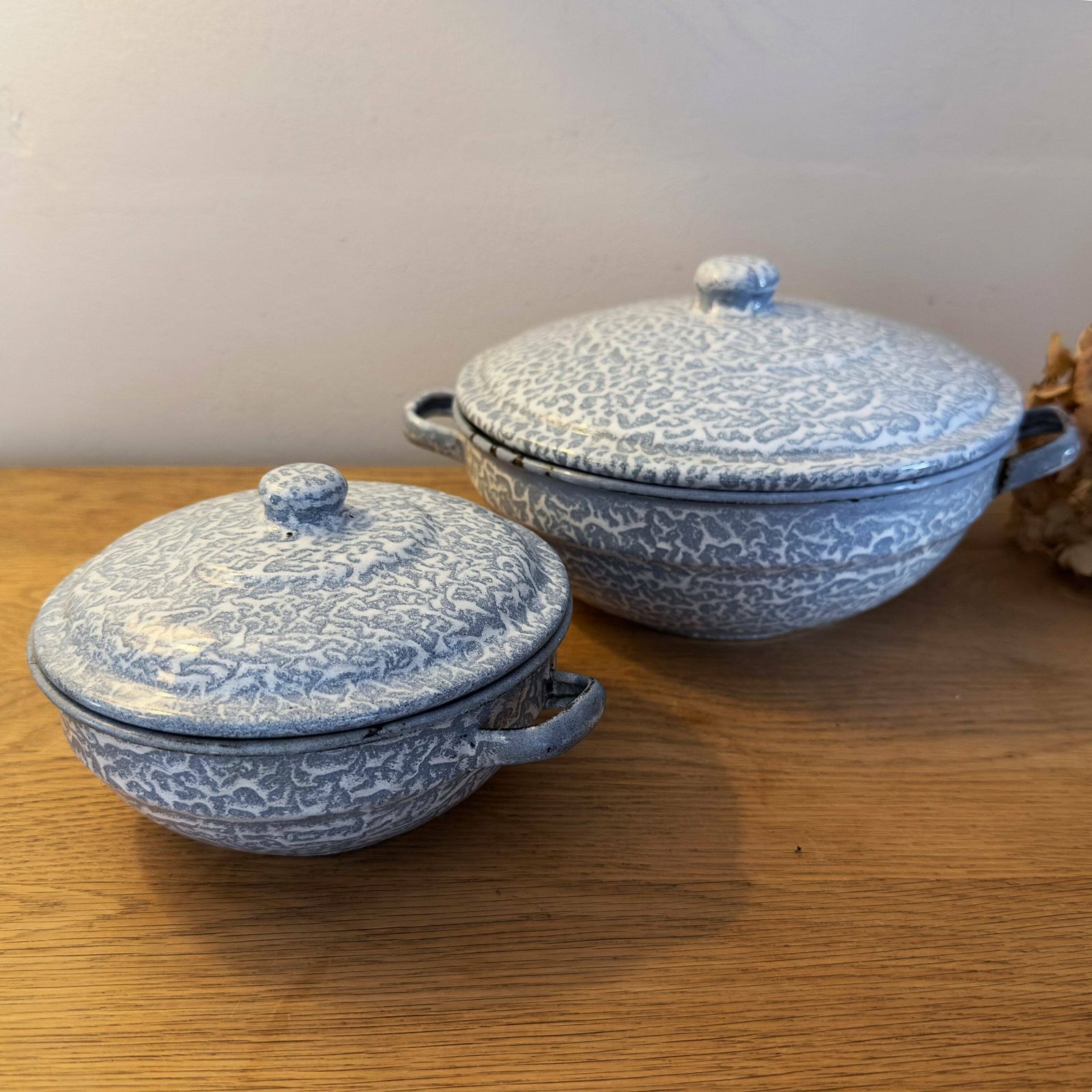 Pair Of French Vintage Blue Mottled Enamel Serving Bowls