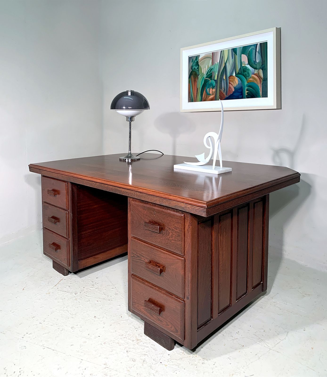 Large Twin Pedestal Desk   Solid Partridge Wood (Like Rosewood)   Art Deco Style/Mid Century