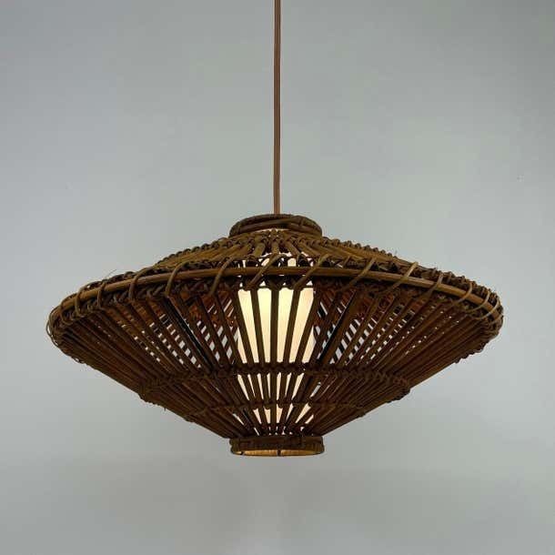 Midcentury French Rattan Wicker Pendant 1960s photo Lighting