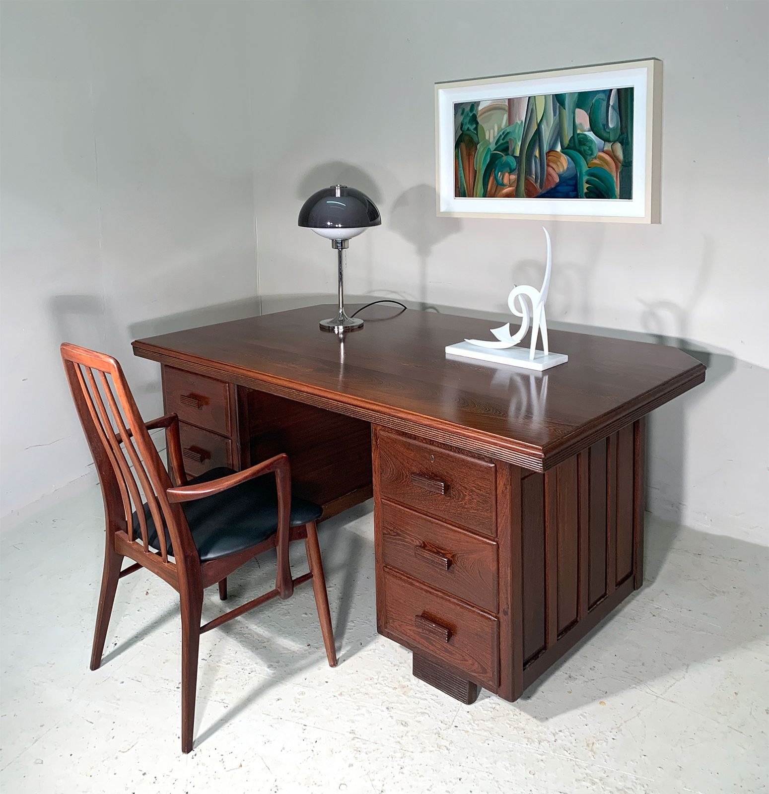 Large Twin Pedestal Desk   Solid Partridge Wood (Like Rosewood)   Art Deco Style/Mid Century photo vinterior