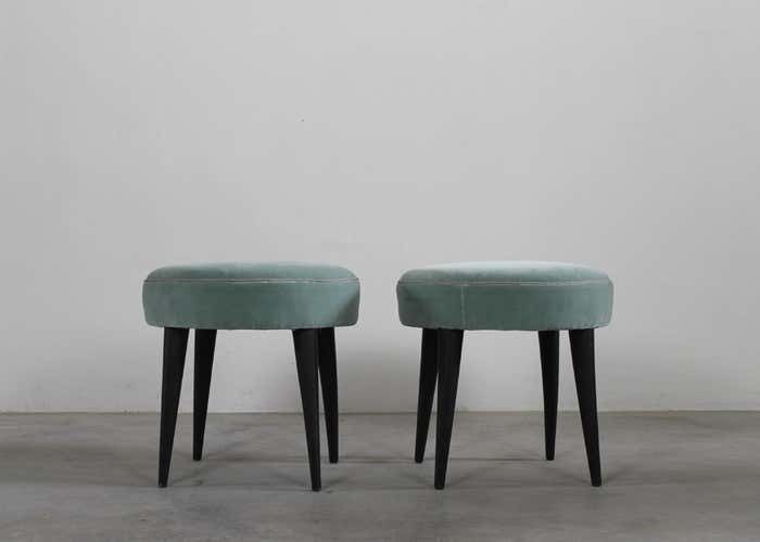 Gio Ponti (Attribuited To) Set Of Two Low Stools In Black Lacquered Wood And Fabric 1950s Italy photo furniture
