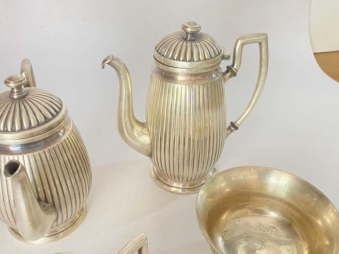 England Silvered Metal 5 Pieces Of Coffee Tea Service Silver Color 20th Century photo vintage