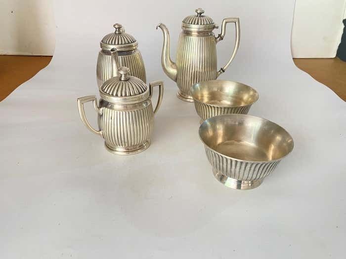 Home Decor England Silvered Metal 5 Pieces Of Coffee Tea Service Silver Color 20th Century photo