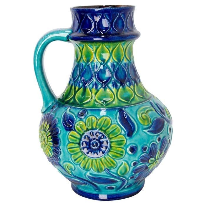 German Blue Pitcher Glazed Ceramic Or Vase Bay Keramik, Midcentury photo furniture