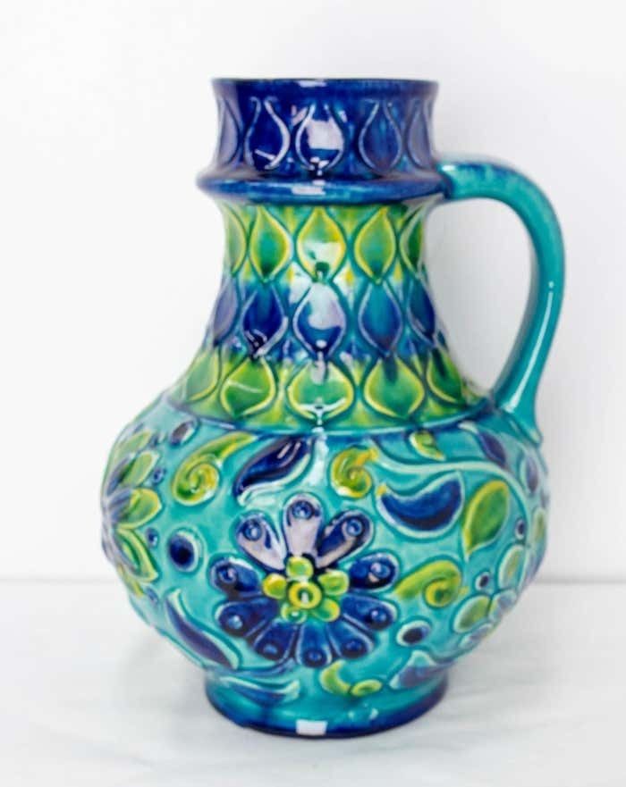 German Blue Pitcher Glazed Ceramic Or Vase Bay Keramik, Midcentury photo Home Decor