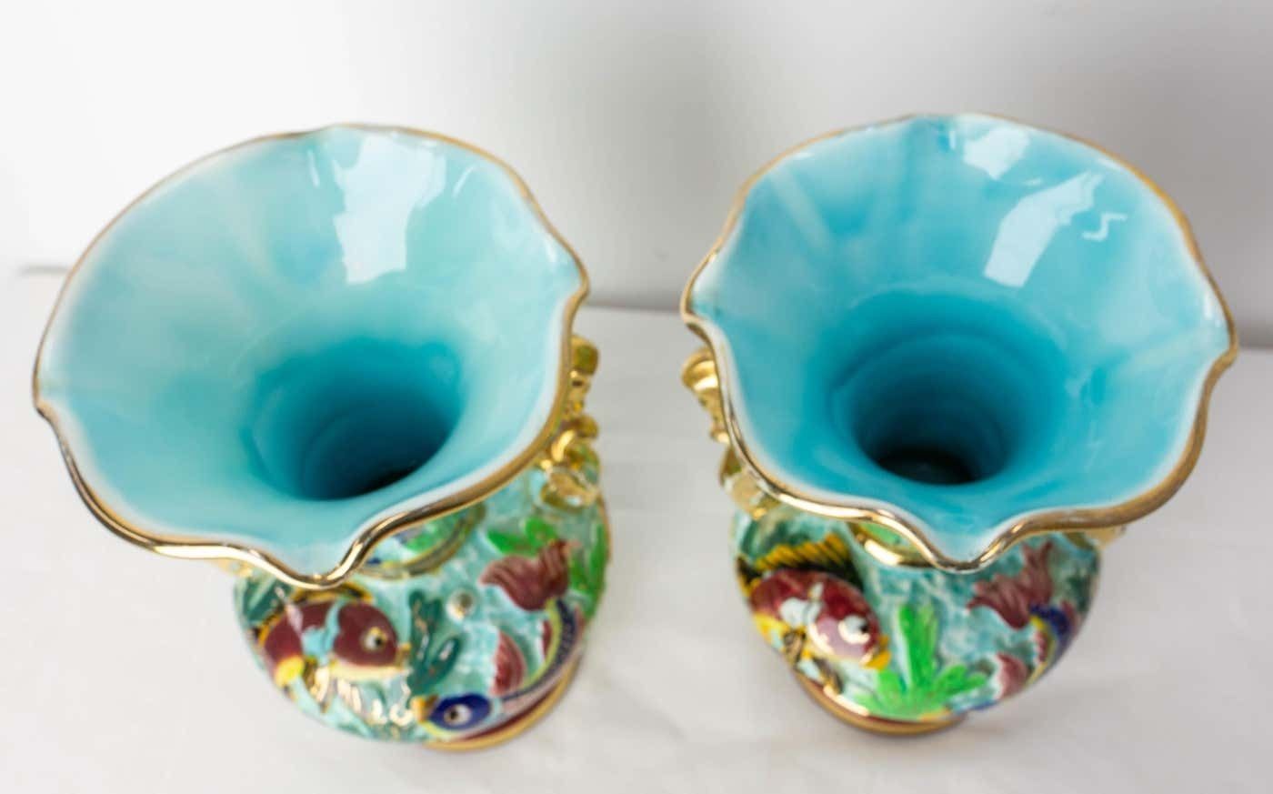 photo vinterior Monaco Ceramic Pair Of Vases With Sea Decoration Mid Century French