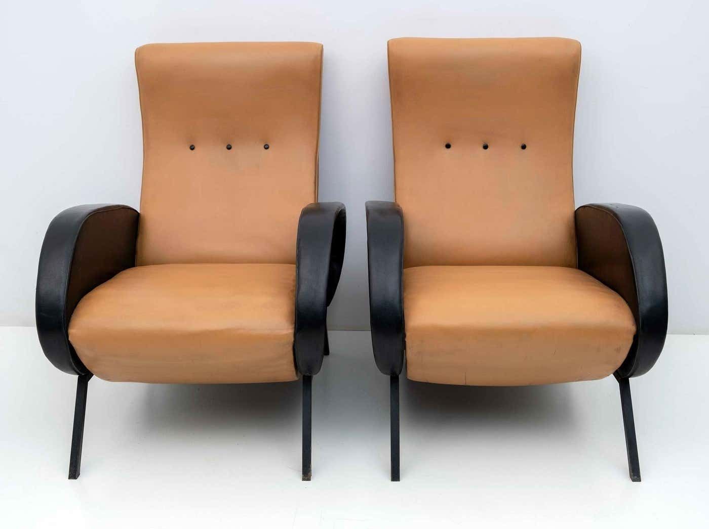 Pair Of Marco Zanuso Mid Century Modern Italian Leather Reclining Armchairs, 50s photo 4226.0