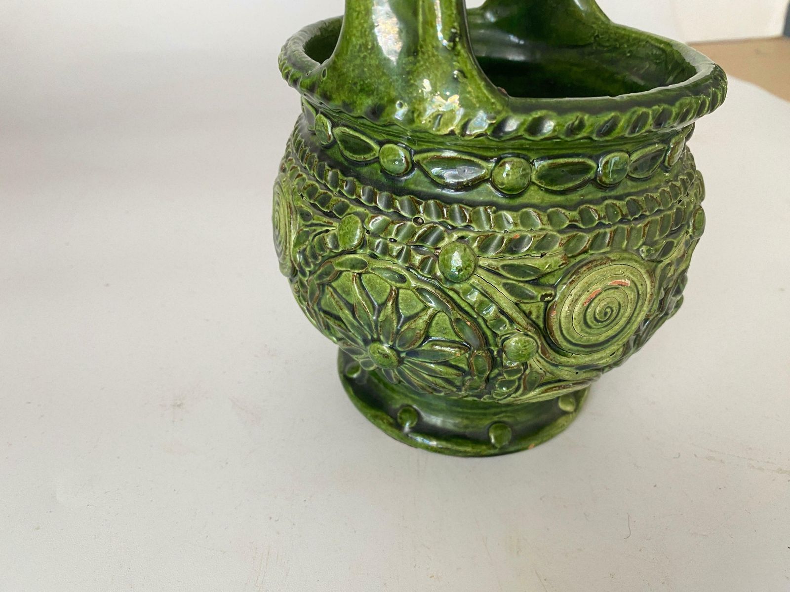Pot Or Box 19th Century Majolica France Ceramic Green With An Circular Handle photo Home Decor