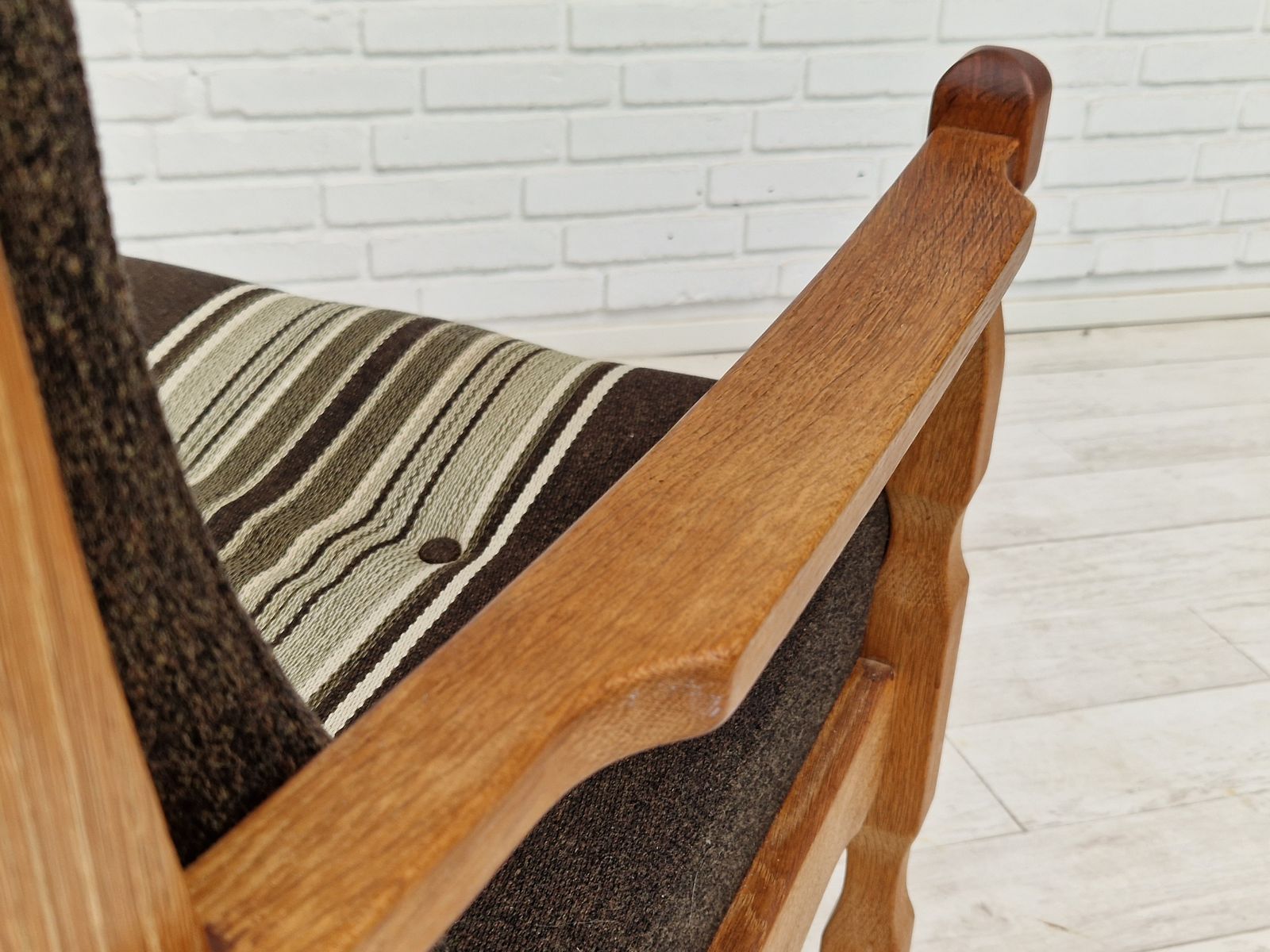1970s, Danish Design, Oak Wood Armchair In Furniture Wool, Oak Wood. photo vintage