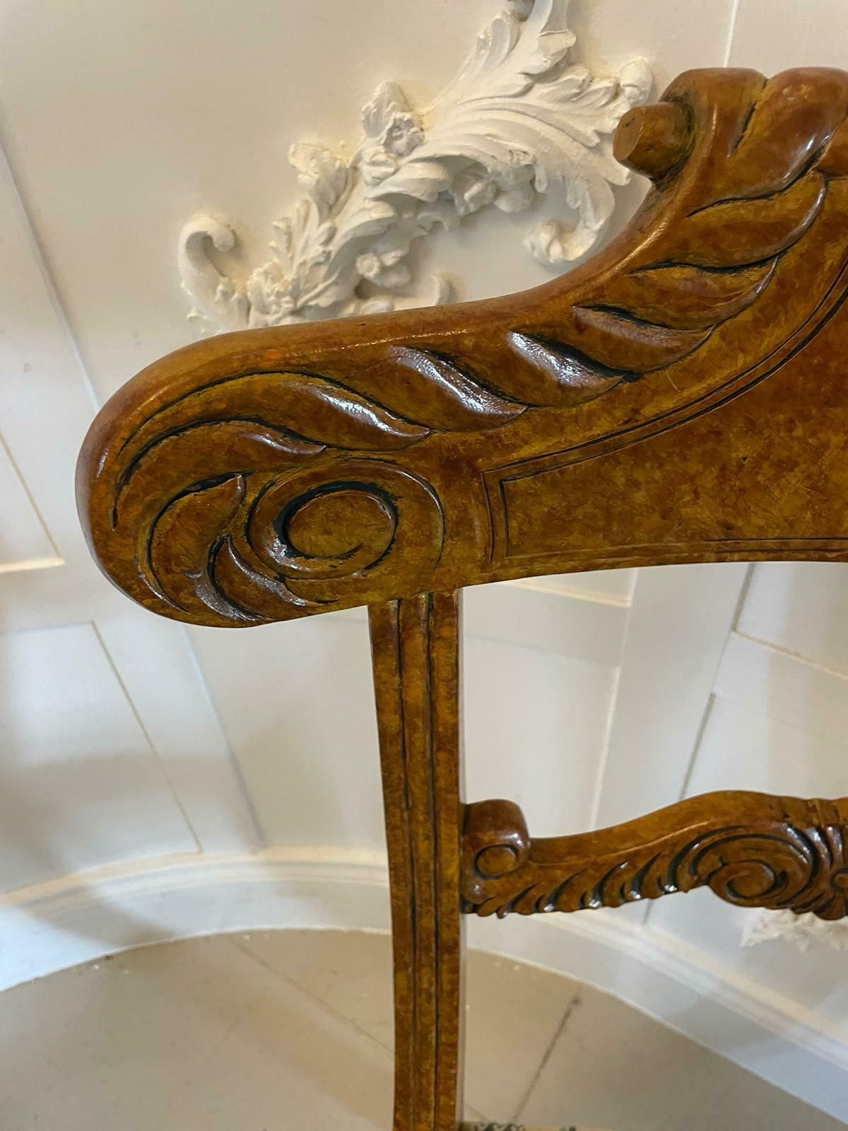 Unusual Set Of 8 Quality Antique Decorated Faux Birds Eye Maple Dining Chairs photo for sale