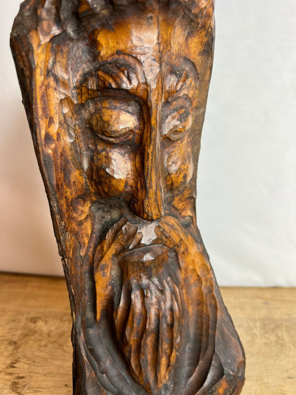 Vintage Hand Carved Wooden Face From A Full Log. Unique Log Carving photo buy