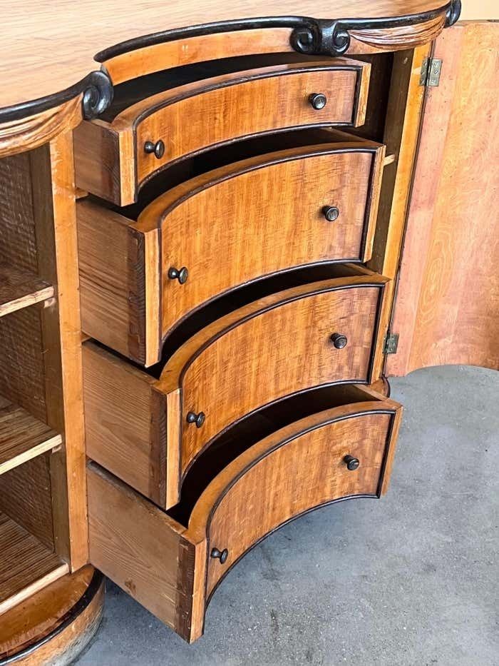 photo for sale Art Deco Demilune Burl Walnut And Ebonized Credenza With Doors And