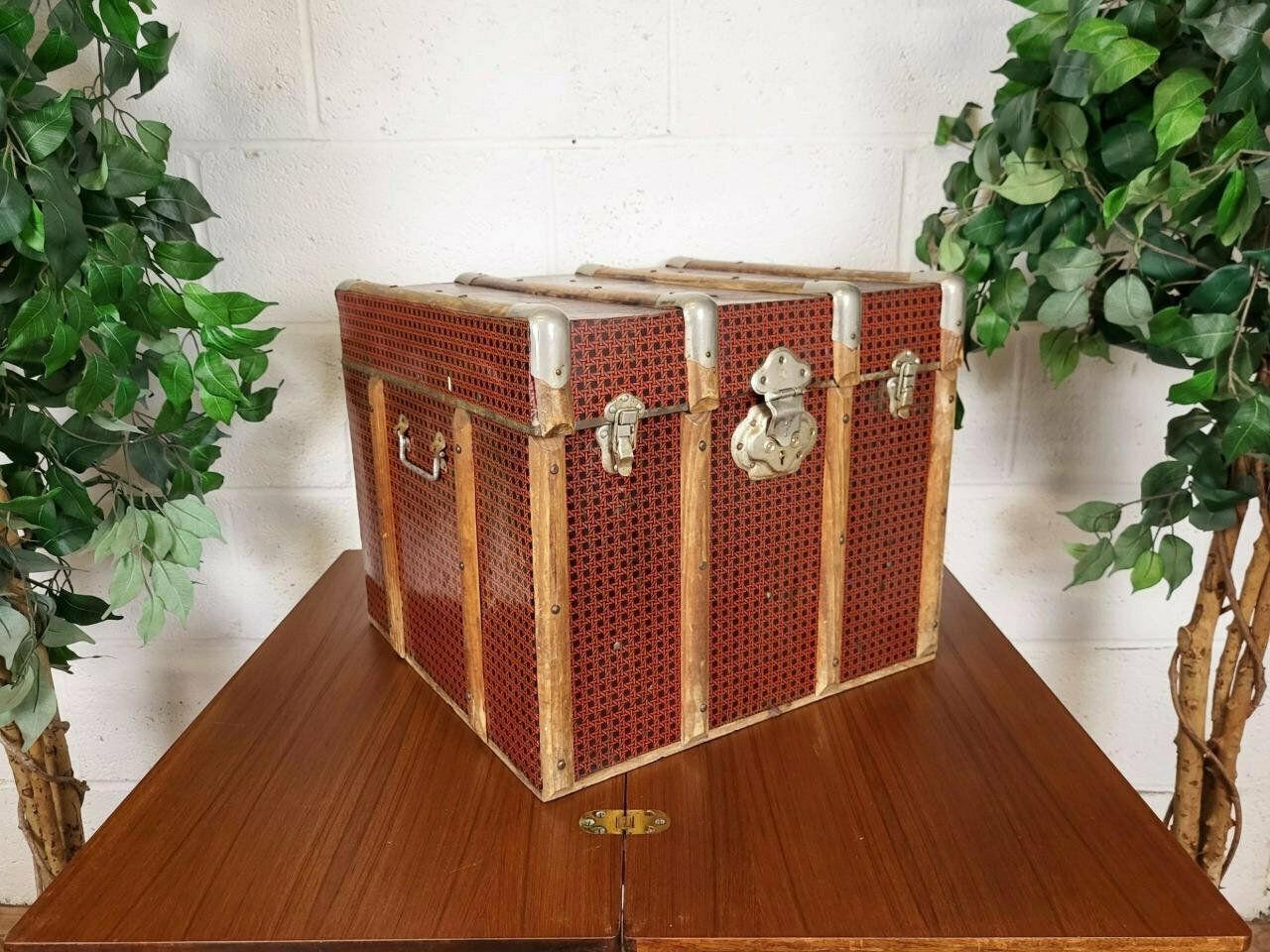 Antique Vintage 1900's Red Faux Bamboo Tin And Wood Chest Steamer Trunk