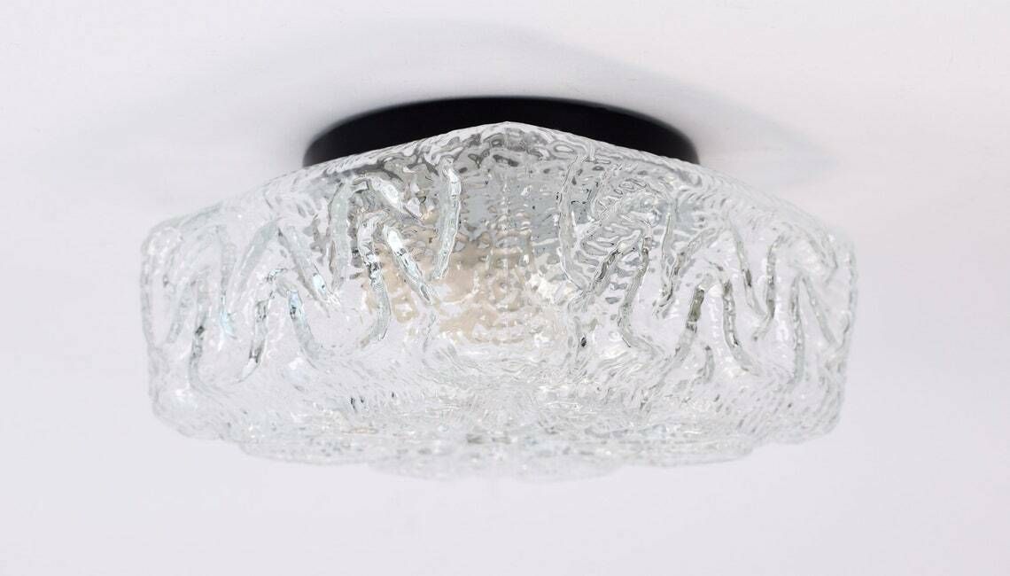 1960s Flush Mount Glass | Mid Century Modern Ceiling Lamp Vintage | Ice Glass Light Sixties Flower Floral Wall Sconce | Retro Brutalist photo vintage