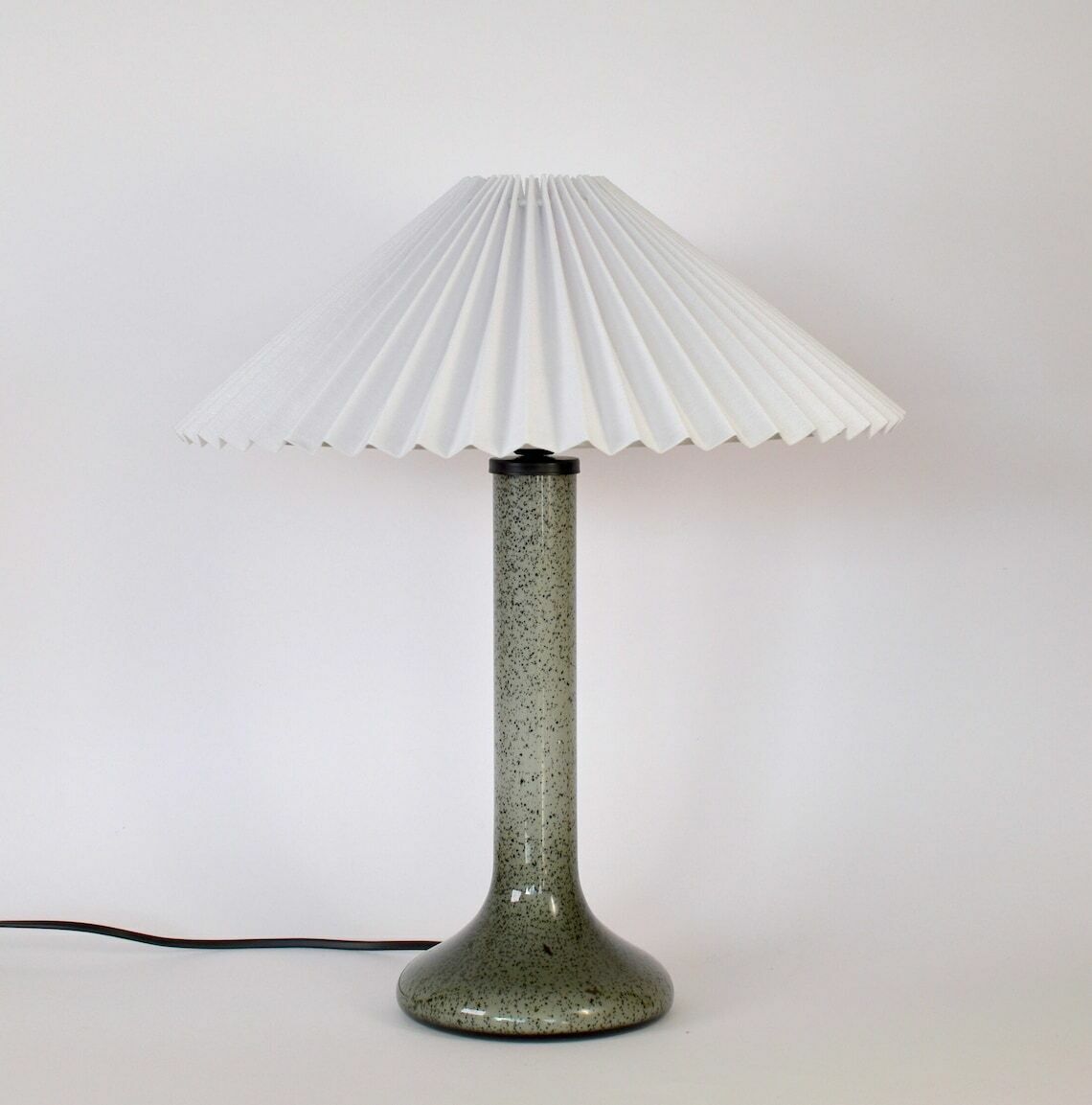 Mid Century Modern Scandinavian Glass Table Lamp | Le Klint Holmegaard Era Accent Light Pleated Shade | Vintage Danish Gray Black Retro 1960 photo Lighting
