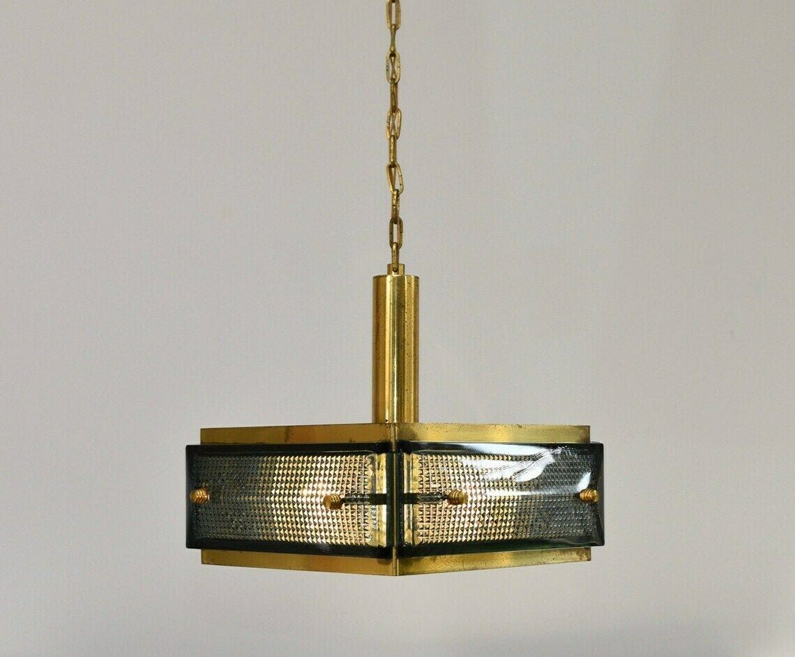 Mid Century Malmö Metallvarufabrik Hanglamp Messing En Glas | Vintage Geperst Glas Orrefors Fagerlund Scandinavisch Modernistisch photo Verlichting