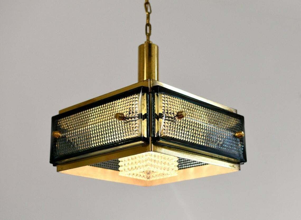 Mid Century Malmö Metallvarufabrik Hanglamp Messing En Glas | Vintage Geperst Glas Orrefors Fagerlund Scandinavisch Modernistisch photo 3182.0