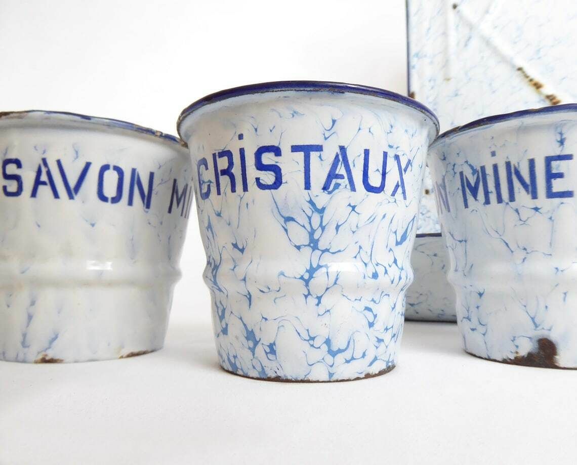 French Enamel Utensil Rack And Pots | Vintage Kitchen Décor | Blue And White Enamel photo furniture
