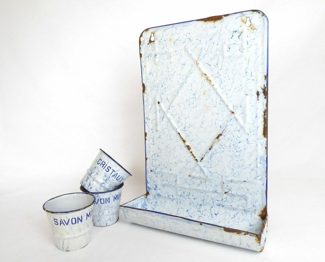 French Enamel Utensil Rack And Pots | Vintage Kitchen Décor | Blue And White Enamel photo vinterior