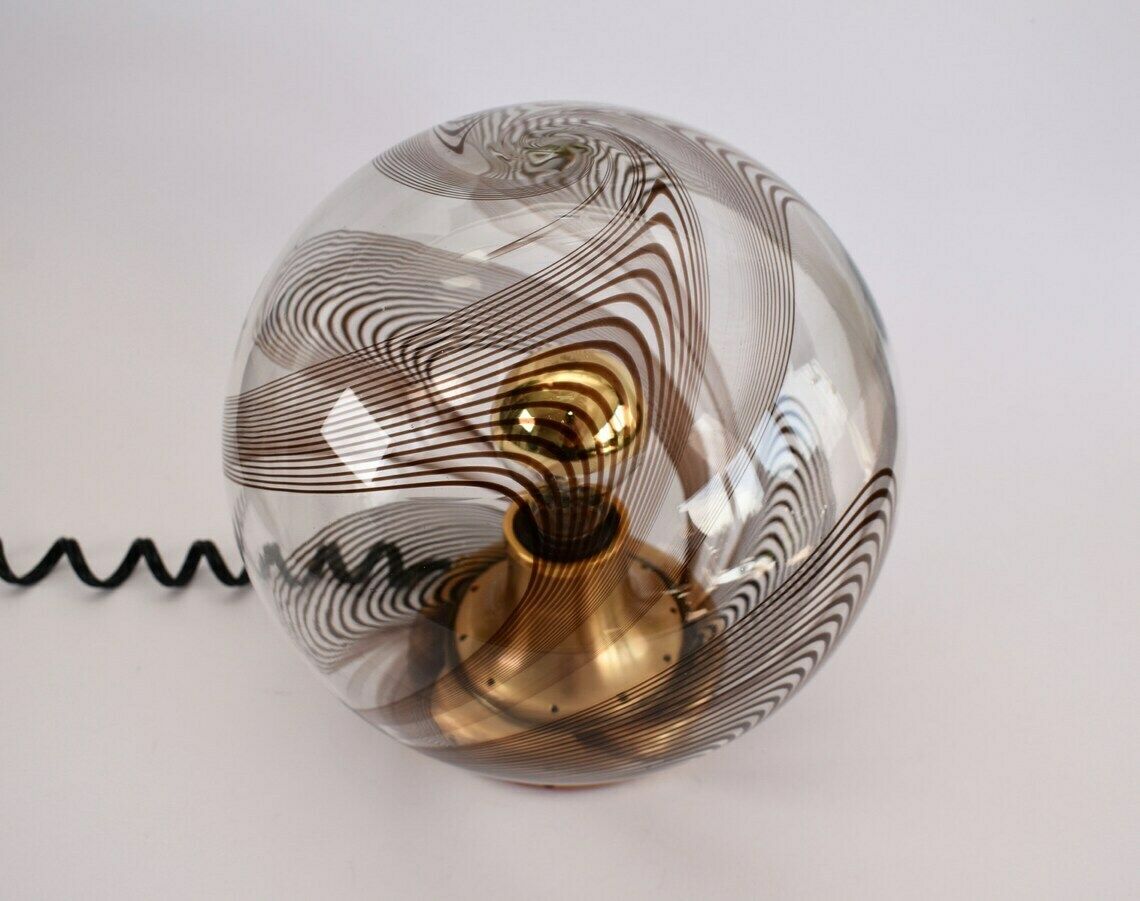 Stunning Mid Century Murano Table Lamp In The Style Of Lino Tagliapietra  Vintage Globe Accent Light Swirl Brown Clear Gold  1970s Retro photo for sale