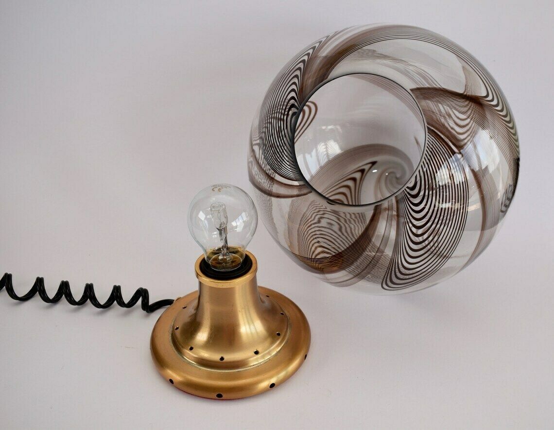 Stunning Mid Century Murano Table Lamp In The Style Of Lino Tagliapietra  Vintage Globe Accent Light Swirl Brown Clear Gold  1970s Retro photo 1338.0