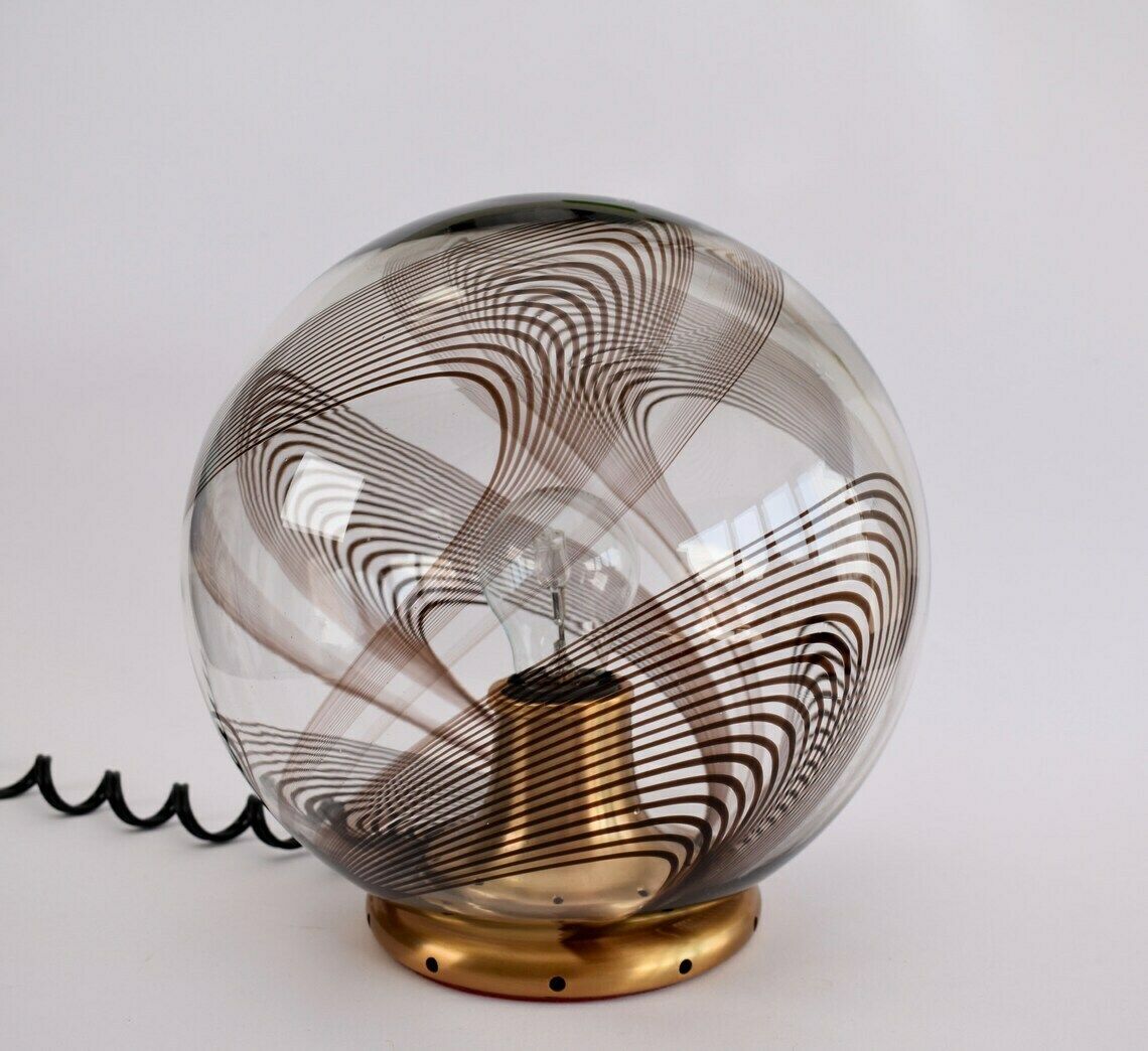 Stunning Mid Century Murano Table Lamp In The Style Of Lino Tagliapietra  Vintage Globe Accent Light Swirl Brown Clear Gold  1970s Retro photo buy