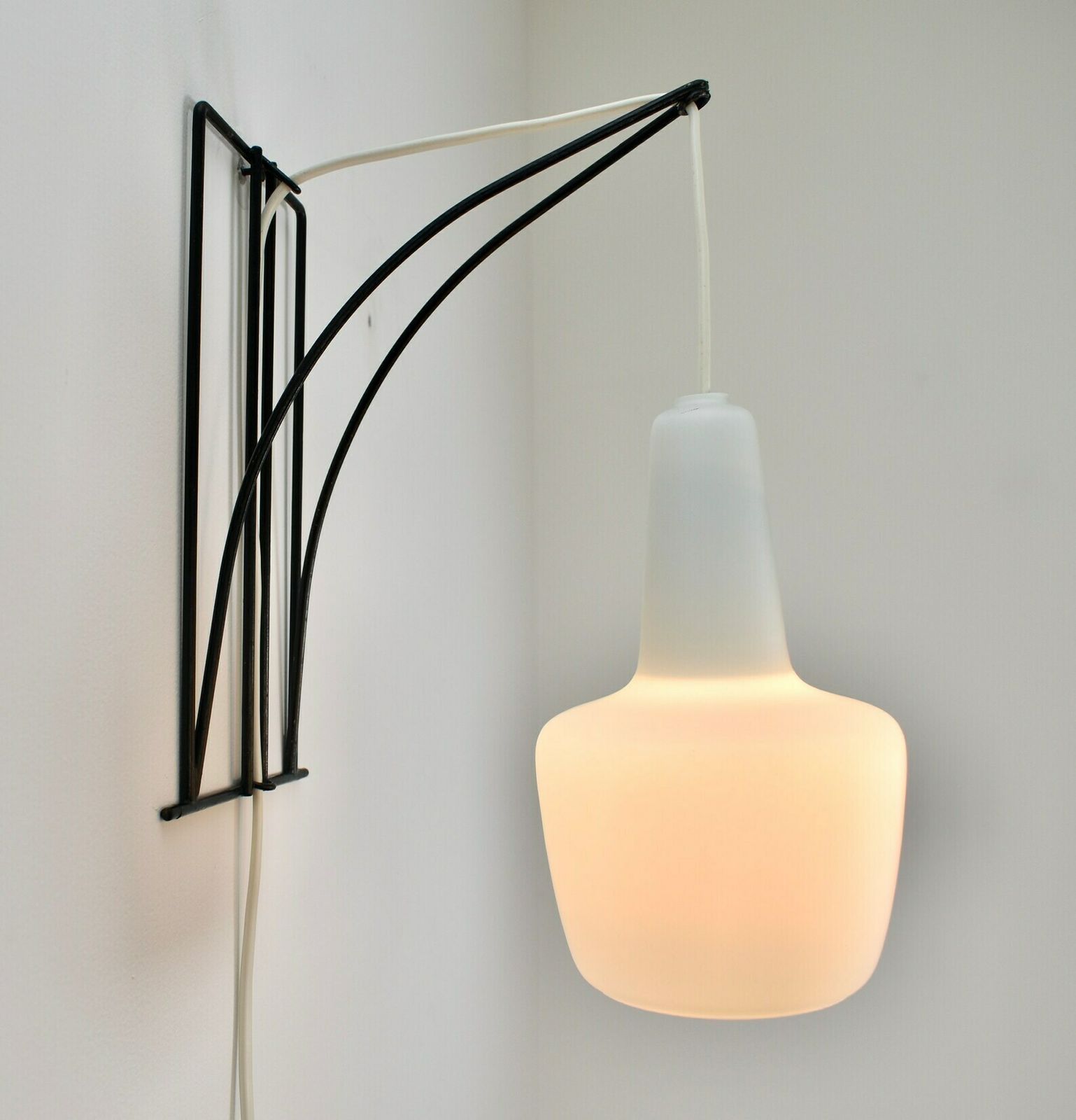 Modernist Wall Sconce Wire Metal Glass | Vintage Mid Century Modern Lamp Light Satined Milk Glass Black | Philips Louis Kalff Dutch Design photo buy