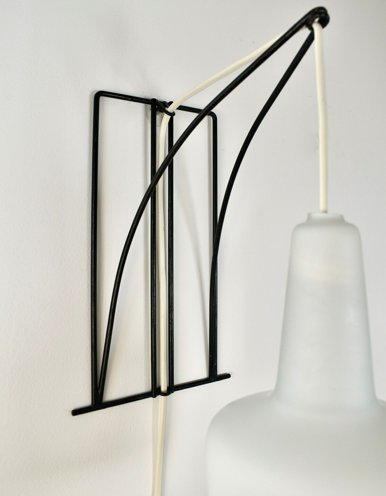 photo for sale Modernist Wall Sconce Wire Metal Glass | Vintage Mid Century Modern Lamp Light Satined Milk Glass Black | Philips Louis Kalff Dutch Design
