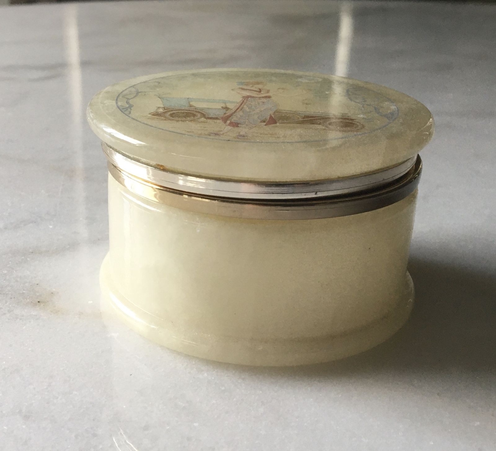 Round White Onyx Marble Jewelry Box / Copper Brass Lid Old Art Deco