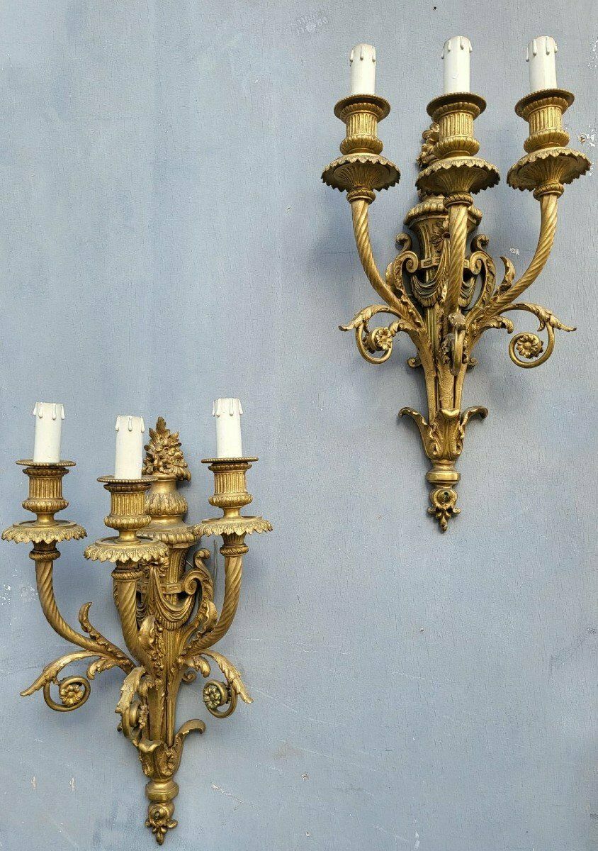 Pair Of Louis XVI Gilt Bronze Sconces, Xixth Century