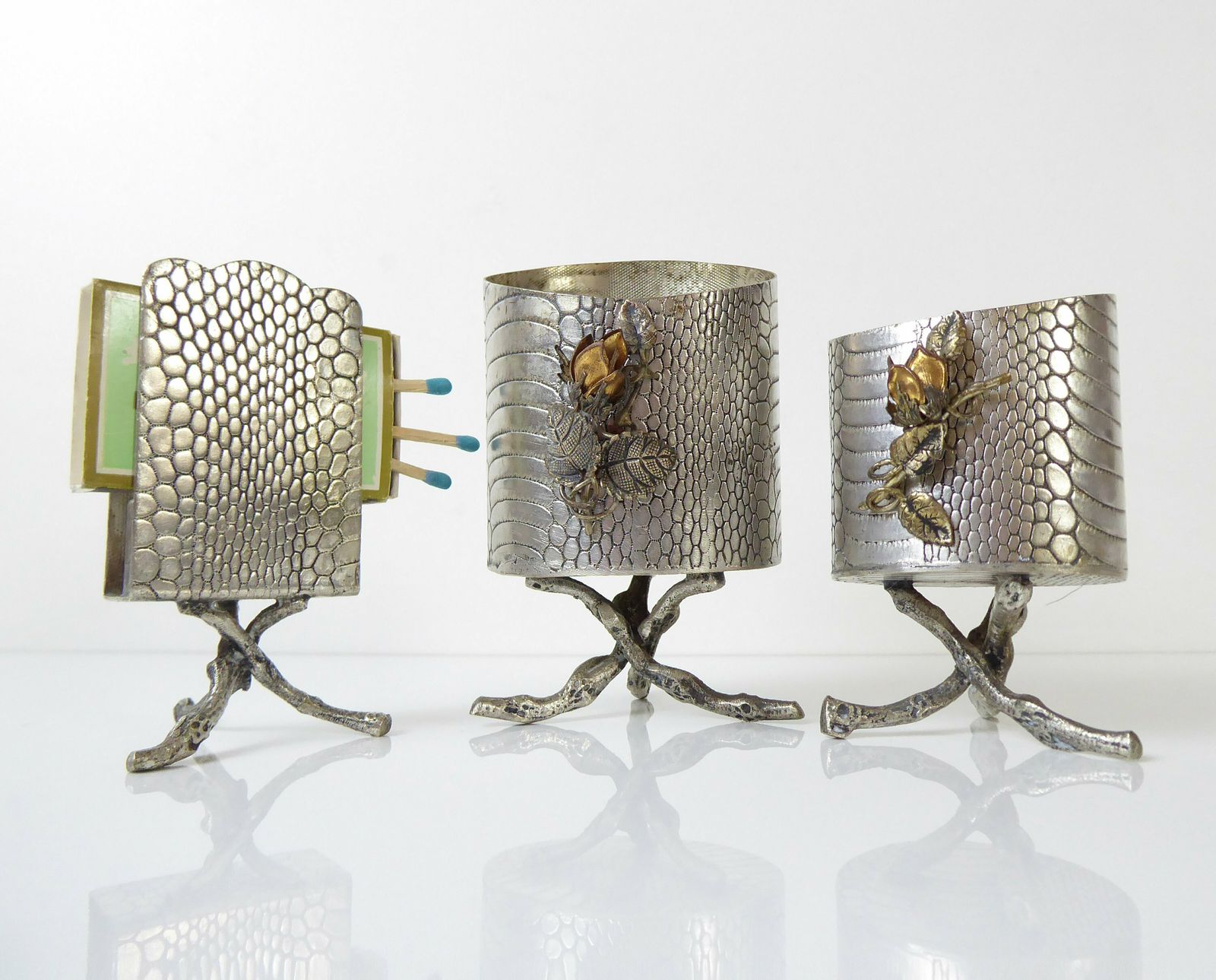 French Art Nouveau Mantlepiece Set | Match Holder And Candle Holders | Faux Bois And Snakeskin