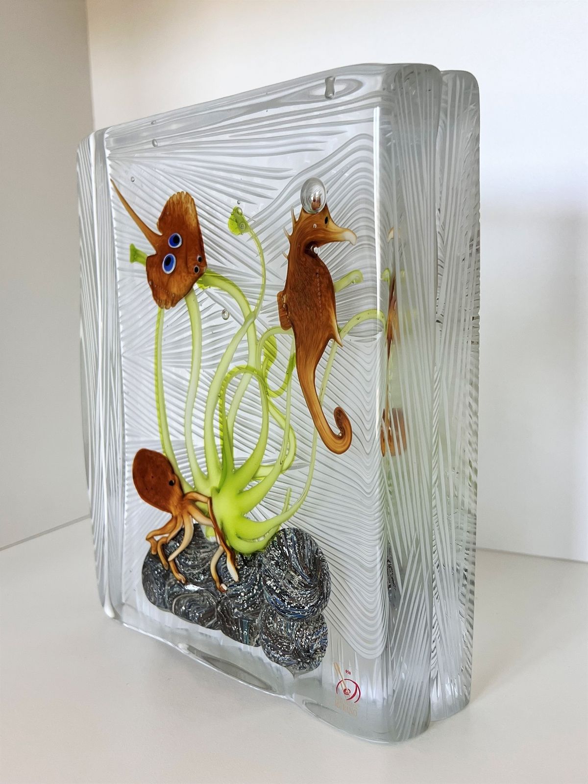 Italian Murano Glass Aquarium With Sea Animals, Signed photo vintage