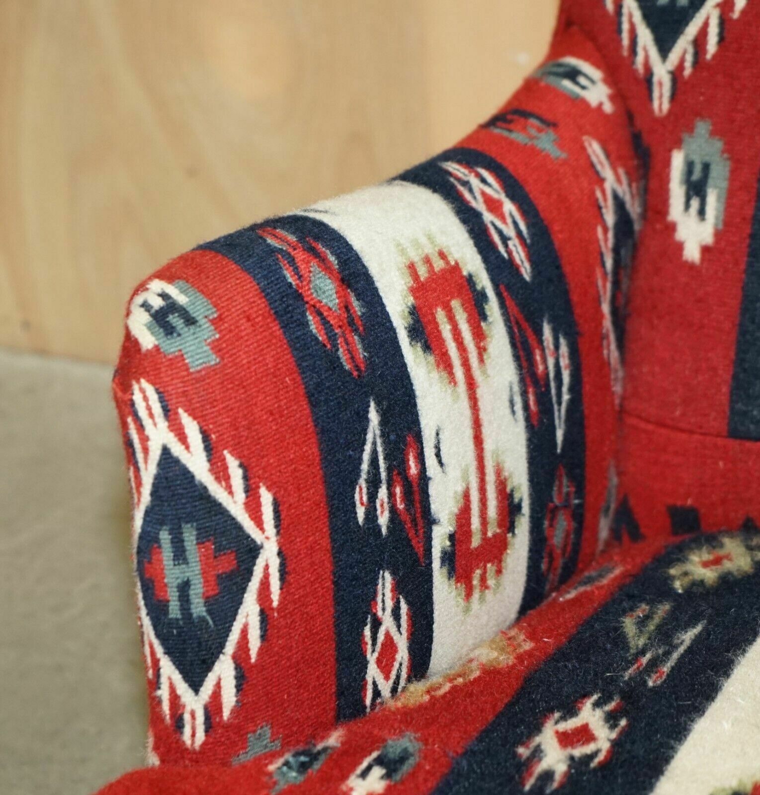 photo for sale Rare Original Victorian Howard & Sons Bridgewater Armchair With Kilim Upholstery