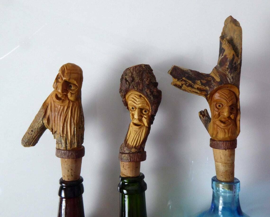Vintage Carved Wooden Bottle Stopper | Novelty Character Bottle Stoppers