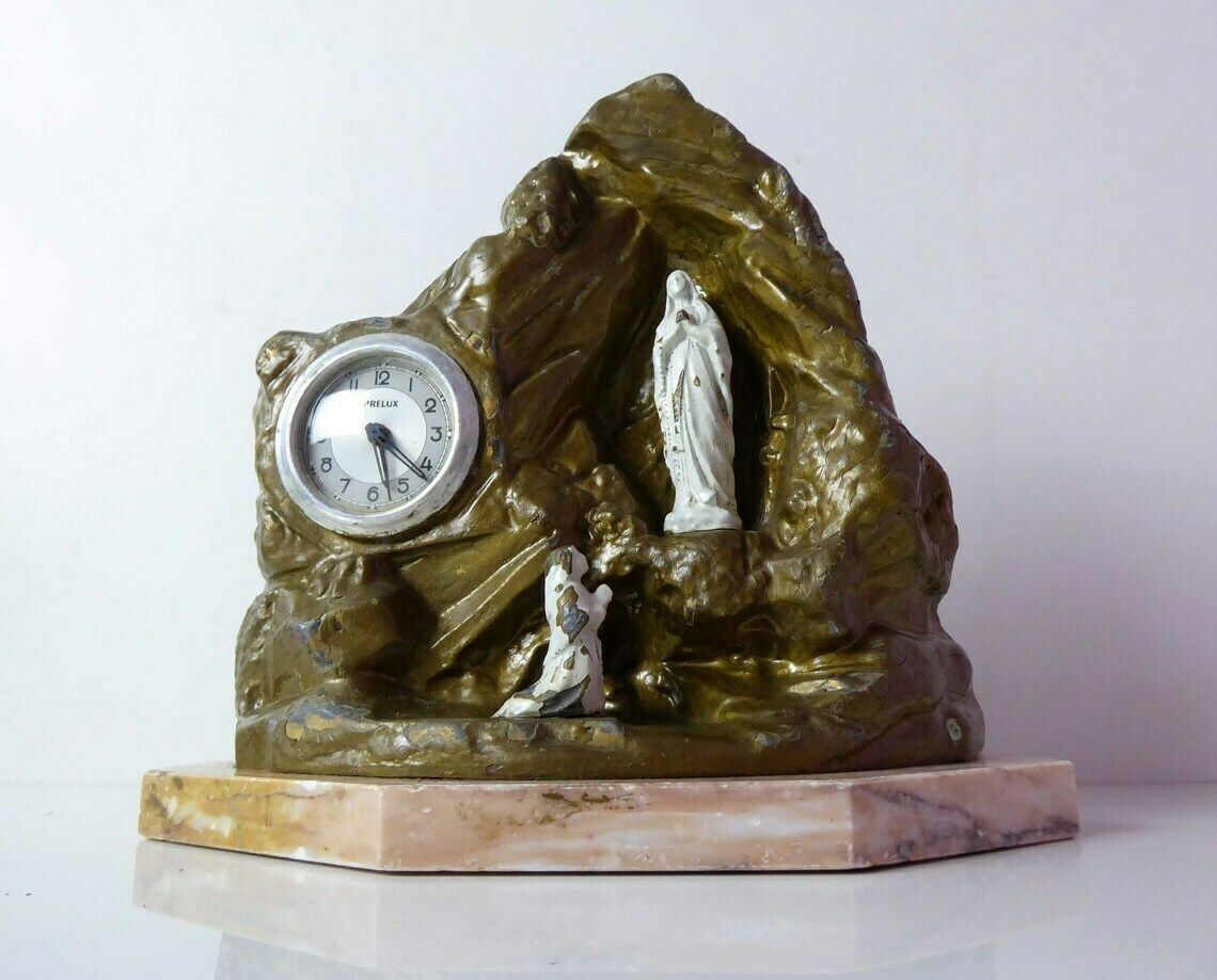 The Miracle Of Lourdes | Antique Pewter Religious Sculpture With Clock | Souvenir Of Lourdes