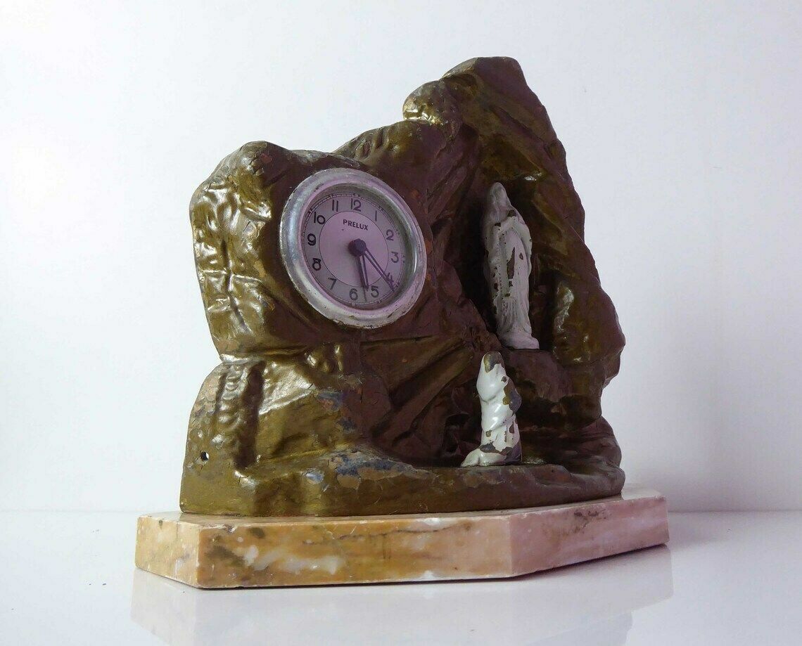 The Miracle Of Lourdes | Antique Pewter Religious Sculpture With Clock | Souvenir Of Lourdes photo furniture