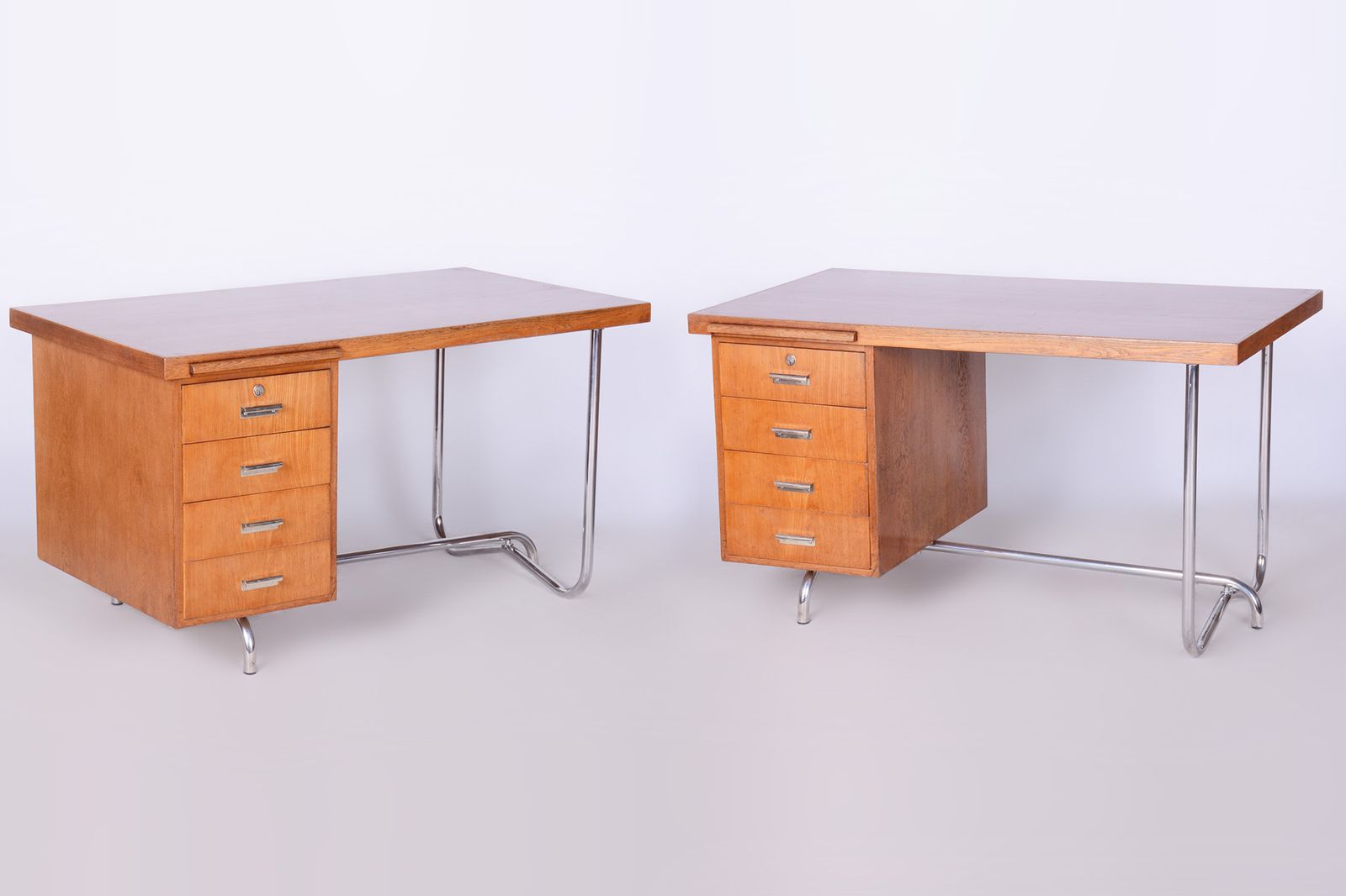 Restored Pair Of Oak Writing Desks, Hynek Gottwald, Chrome, Czechia, 1930s